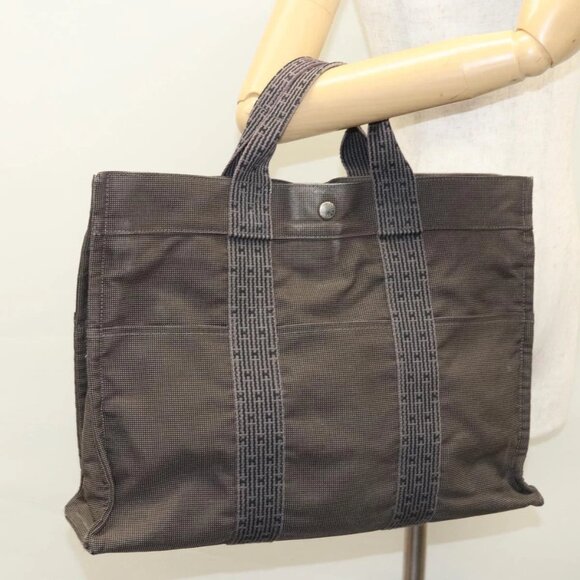 HERMES Her Line MM Tote Bag Canvas Gray Silver Auth - Picture 1 of 16